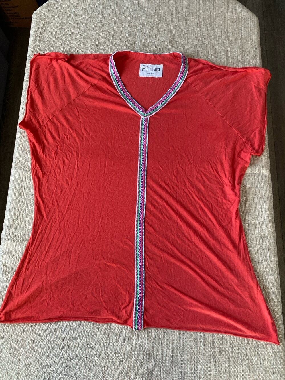 Pitusa Inca Trim Beach Tunic Kaftan Dress Coral Red Oversize Size M